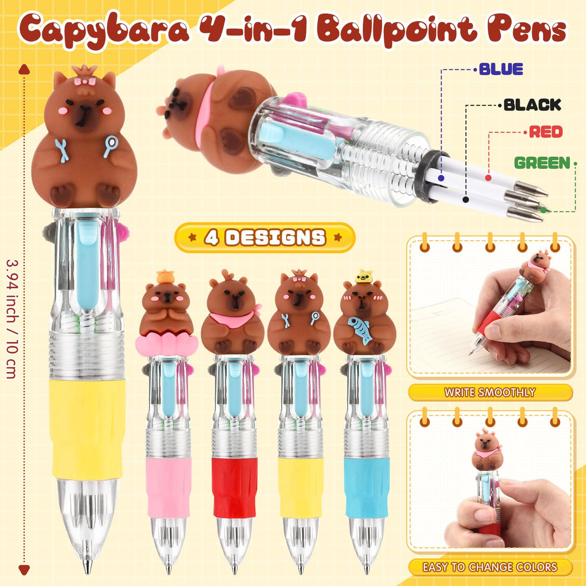 Sayglossy 36 Sets Capybara Pens Gift Bulk, 4-in-1 Multicolor Ballpoint Capybara Party Favor with