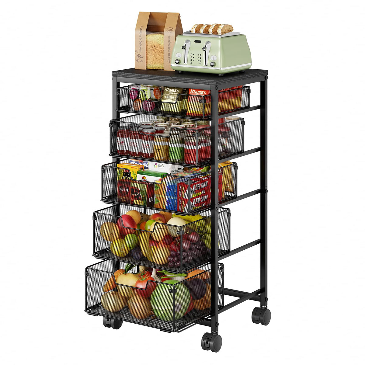 Kitchen Storage Cart with Drawer, 5-Tier Fruit Vegetable Storage Cart, Kitchen Organizer and