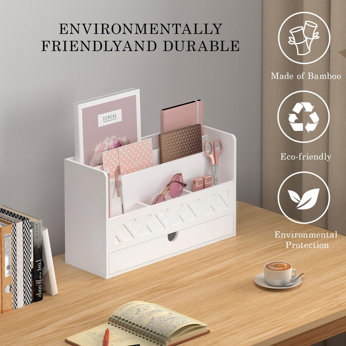 Wisuce Bamboo Mail Organizer with Drawer, Countertop Desk Organizer(White)