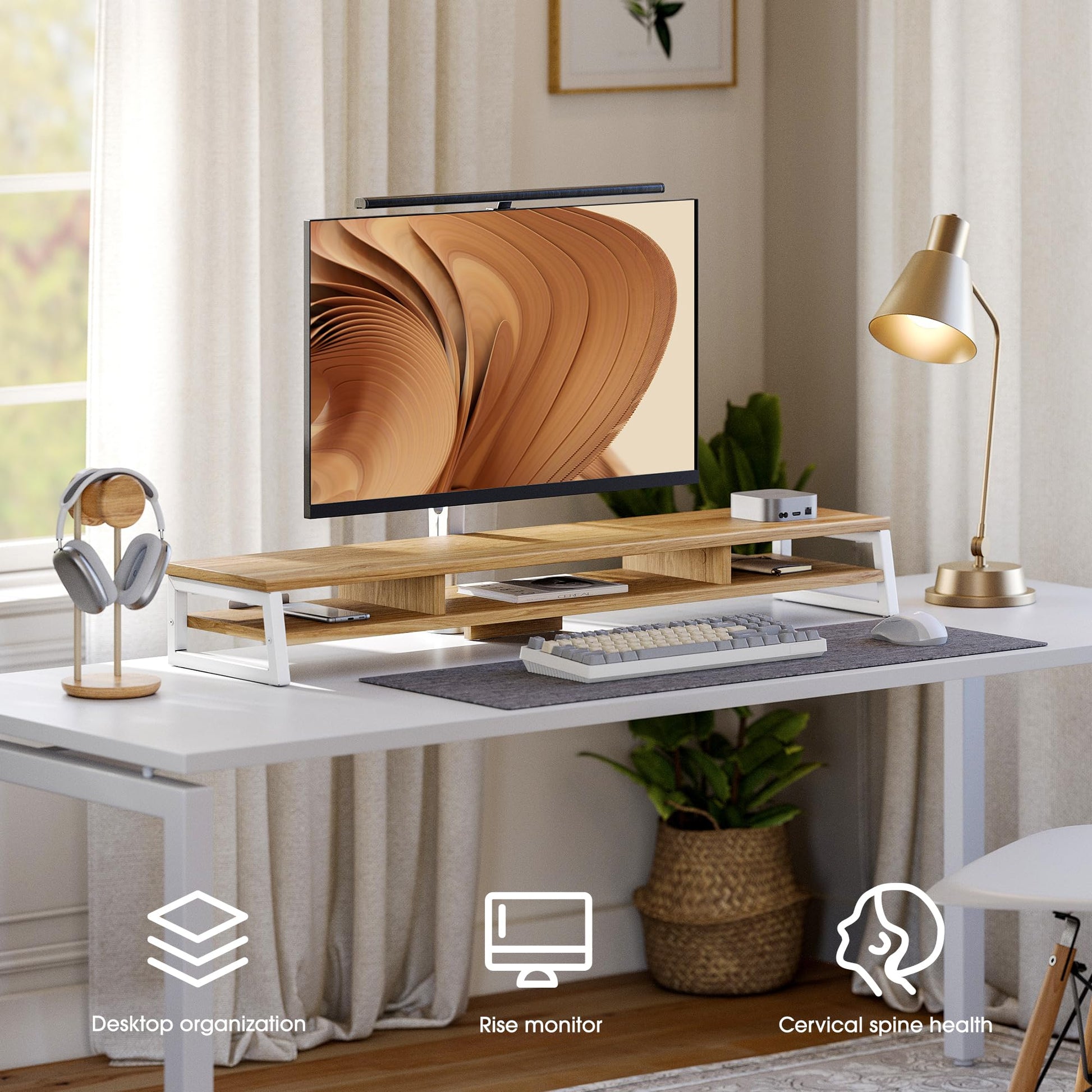 Fenge Dual Monitor Riser for Desk, Open Shelf with 3 Storage Compartments