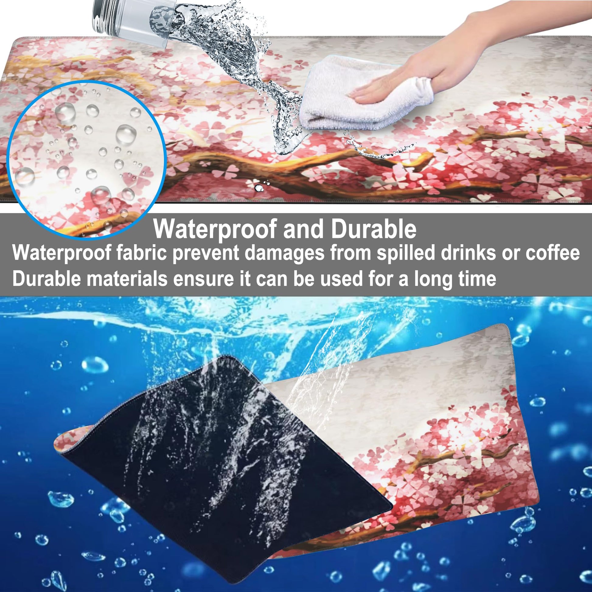 Mouse Pad, Large Blooming Sakura Desk Mat, Extended Non-Slip Gaming Keyboard Mousepad Desk Pad