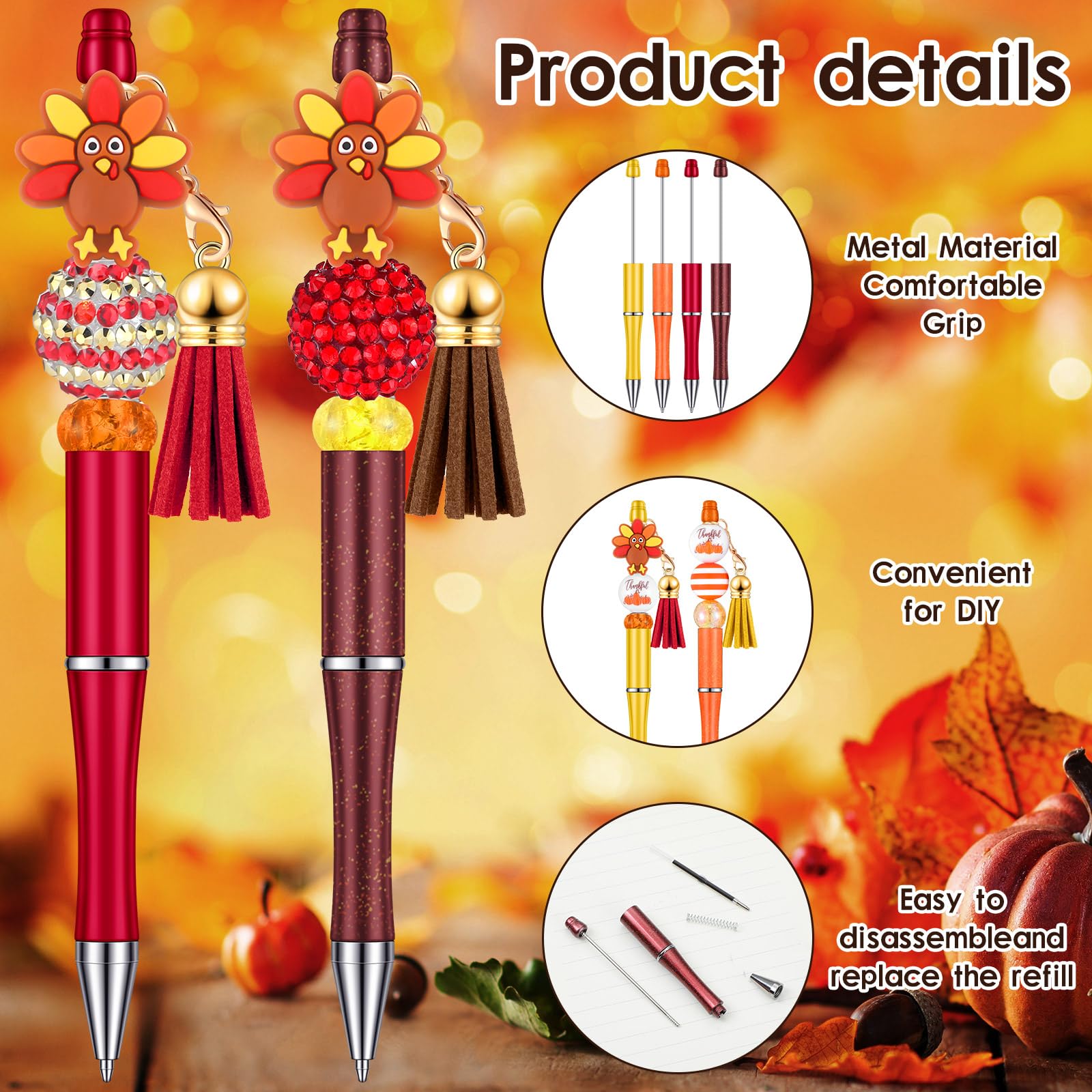 Jutom 12 Thanksgiving Bead Pens DIY Kit 50 Beads 12 Tassels Turkey Pendants