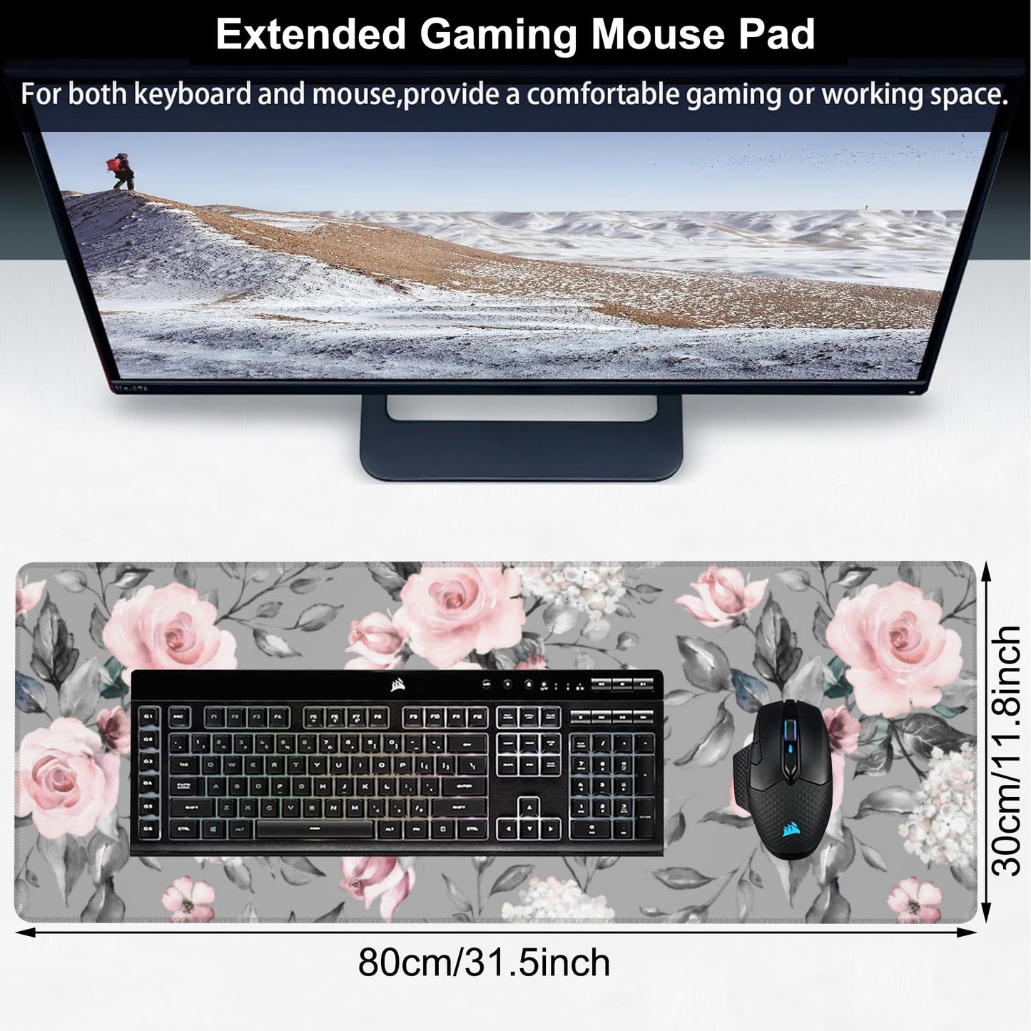 Pink Roses Desk Mat,Large Spring Blooming Flowers and Leaves Gaming Keyboard Mouse Pad,Non-Slip