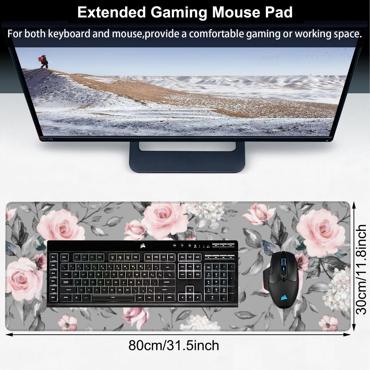 Pink Roses Desk Mat,Large Spring Blooming Flowers and Leaves Gaming Keyboard Mouse Pad,Non-Slip