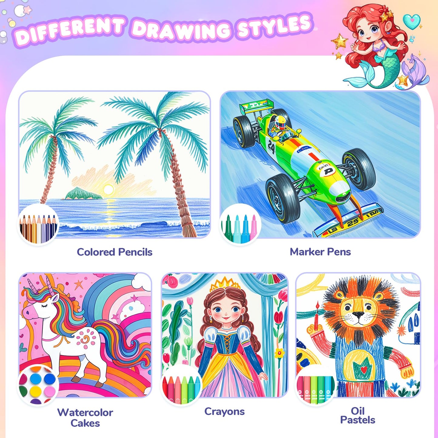 homicozy Art Supplies Kit for Kids Ages 4-12,Mermaid Art Case Coloring Set,Drawing Kits with