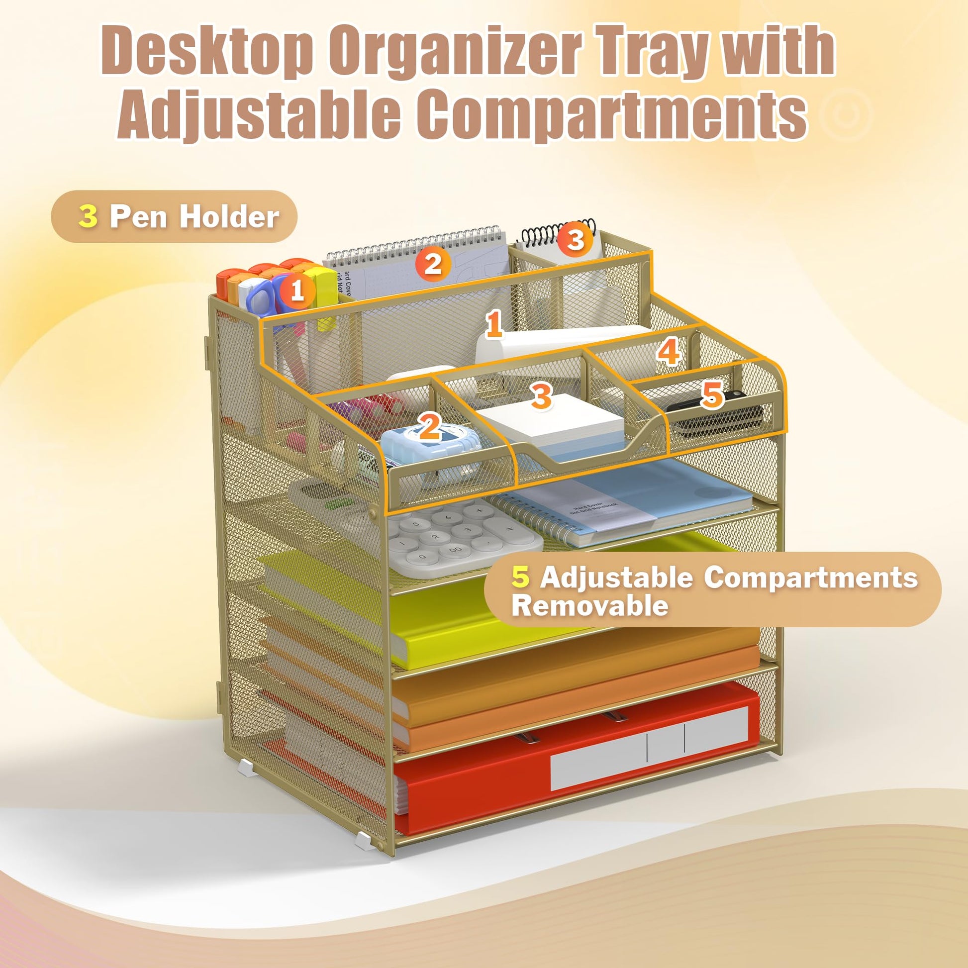 Docnest 5 Tier Mesh Desk Organizer with Letter Tray & Paper Sorter, Gold