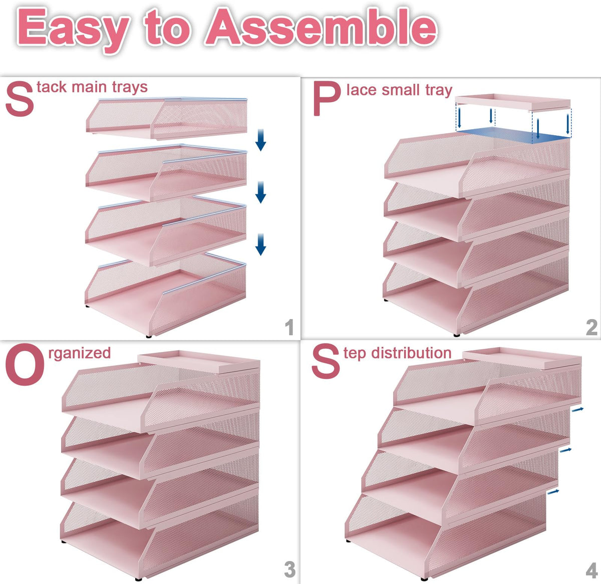 Natwind 4-Tier Stackable Metal Mesh Desk Paper Tray Organizer,Pink