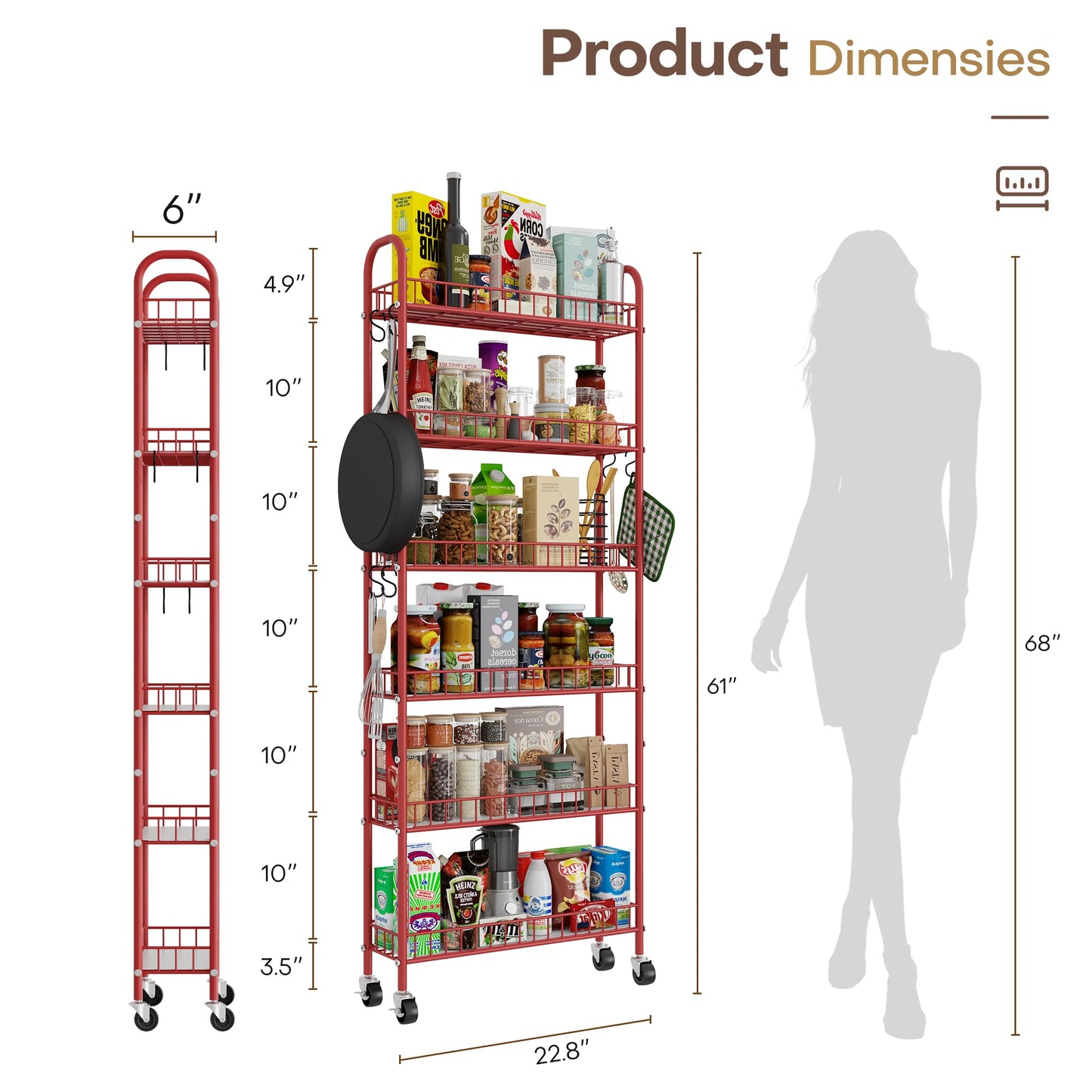 Qiaoxuan Slim Rolling Storage Cart 6 Tier, Metal Kitchen Rolling Utility Cart with Lockable Wheels
