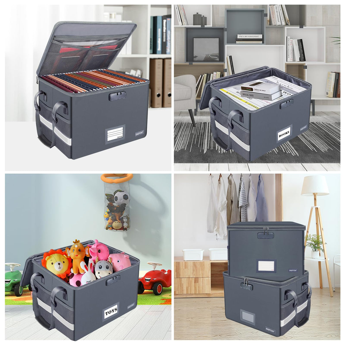 ENGPOW File Box with Lock, Fireproof Document Box with Pockets, Collapsible File Organizer Filing