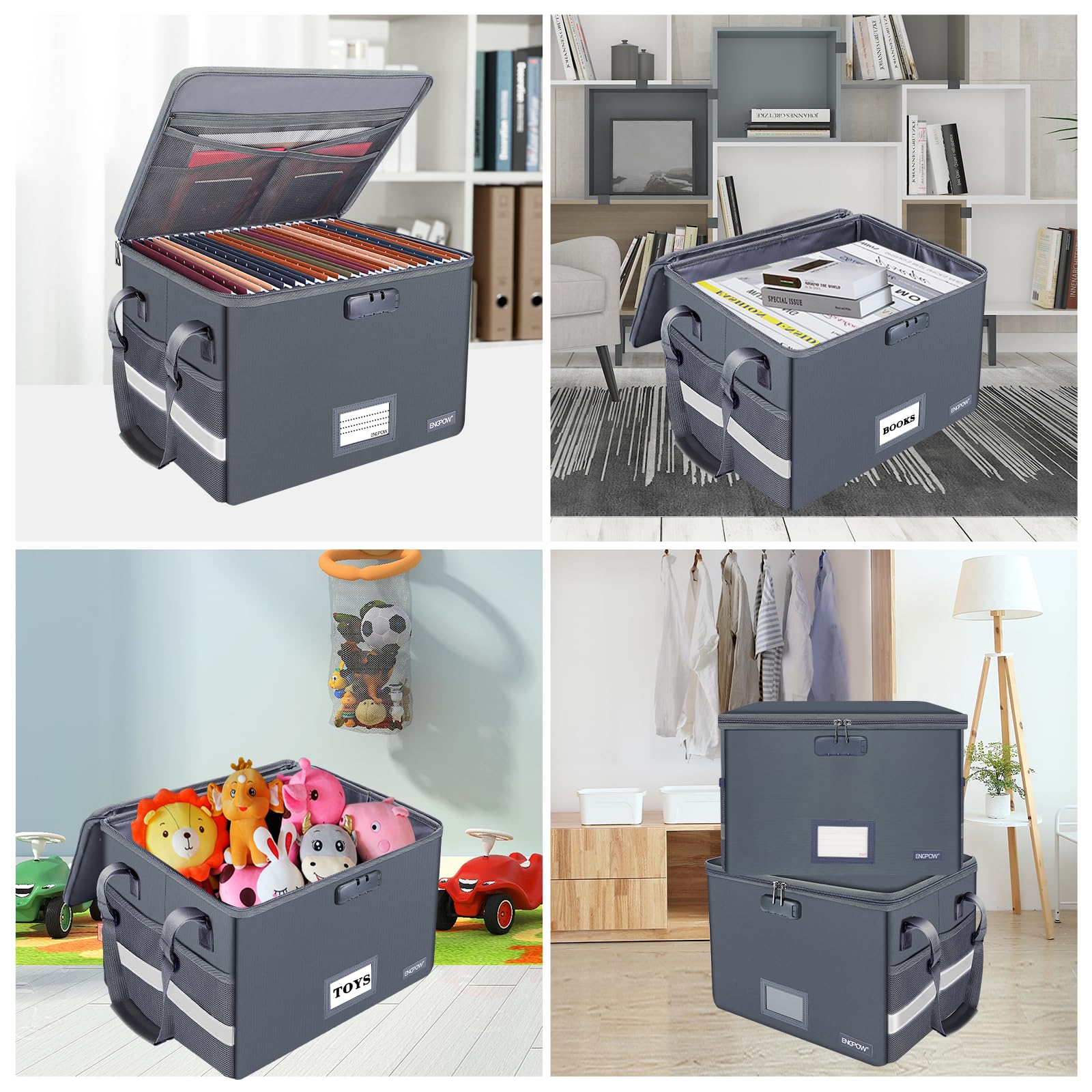 ENGPOW File Box with Lock, Fireproof Document Box with Zipper Lid, Collapsible File Organizer