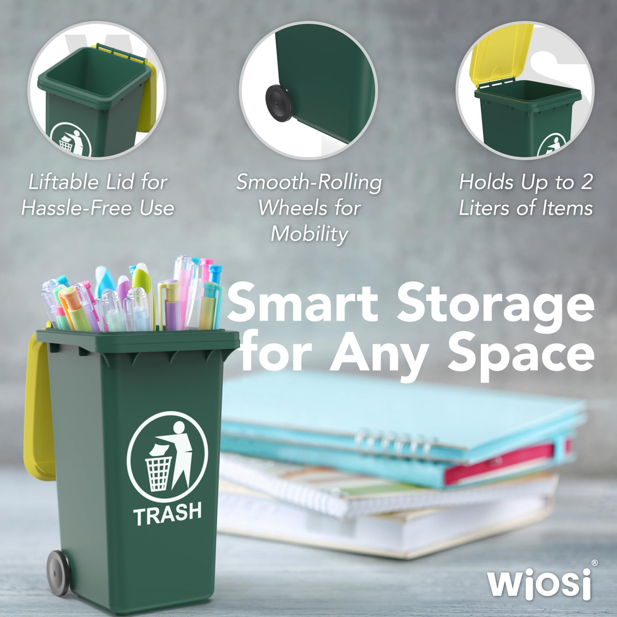 Wiosi Mini Garbage Trash Pen Holder for Desk | Tiny Recycle Bin Pencil Holder Green & Blue, Pack of
