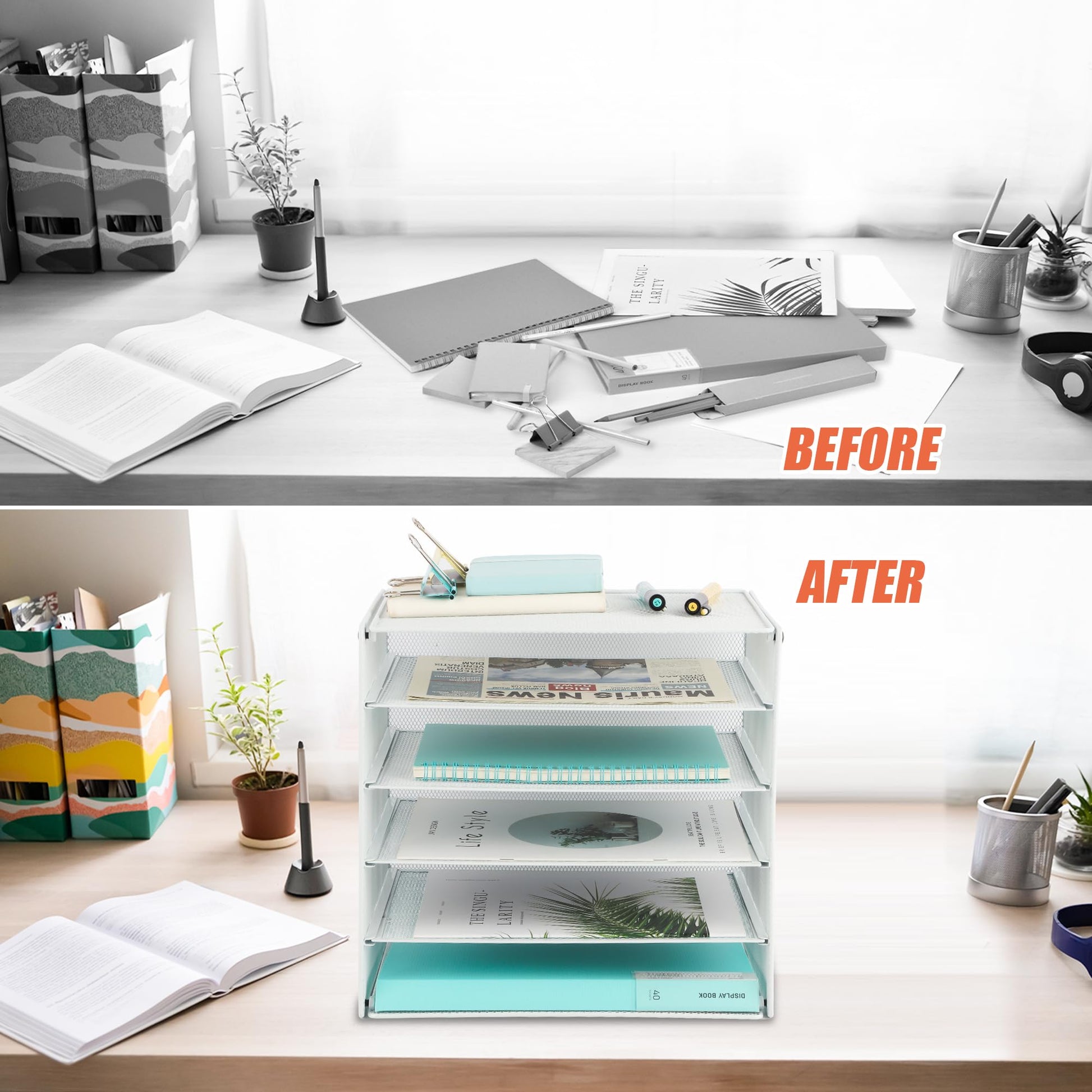 EASEPRES 5 Slot Mesh Desk Organizer Tray, File Paper Letter Folder Holder Desktop Paper Sorter Mail
