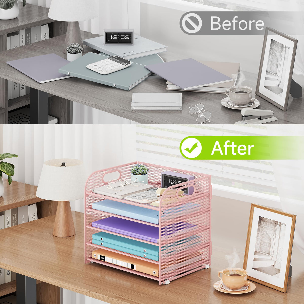 Cawukege 2 Pack 5 Tier Paper Organizer, Letter Tray with Handle, Mesh Desk Organizer, Metal File