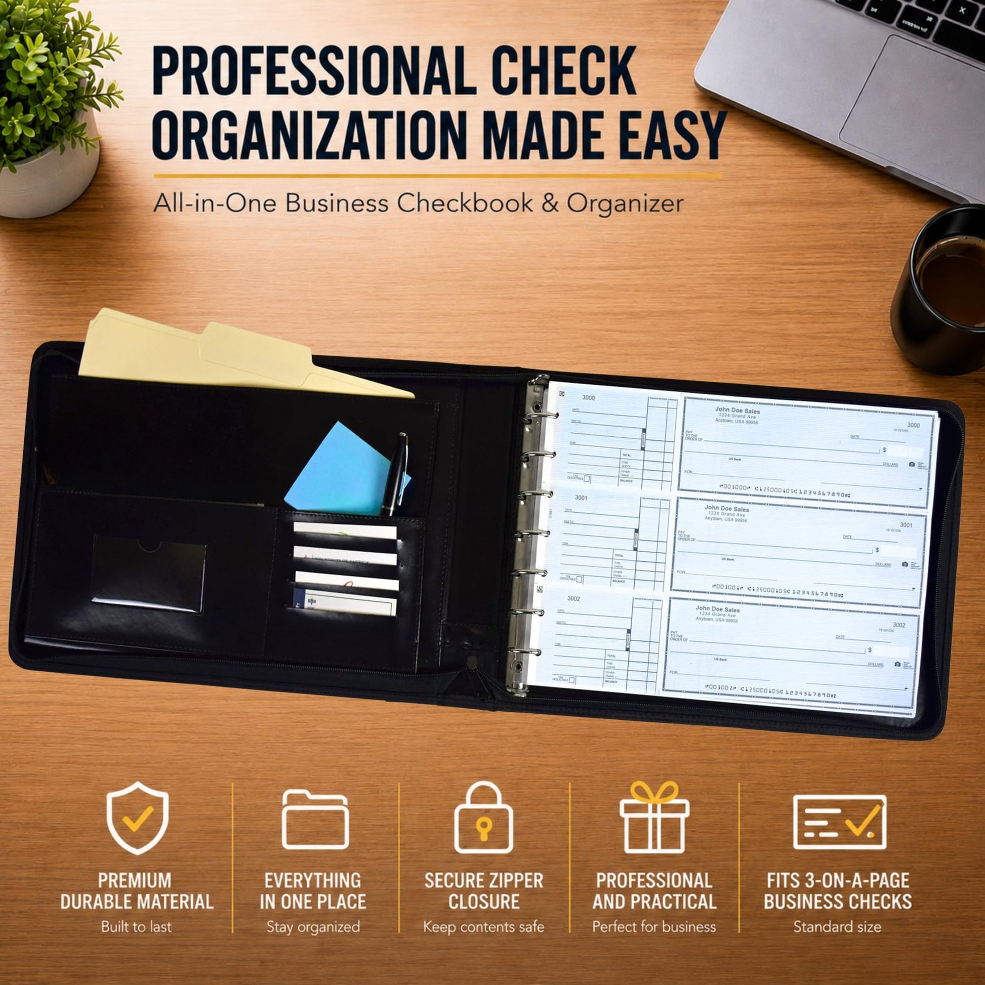 Executive PU Leather 7-Ring Business Check Binder