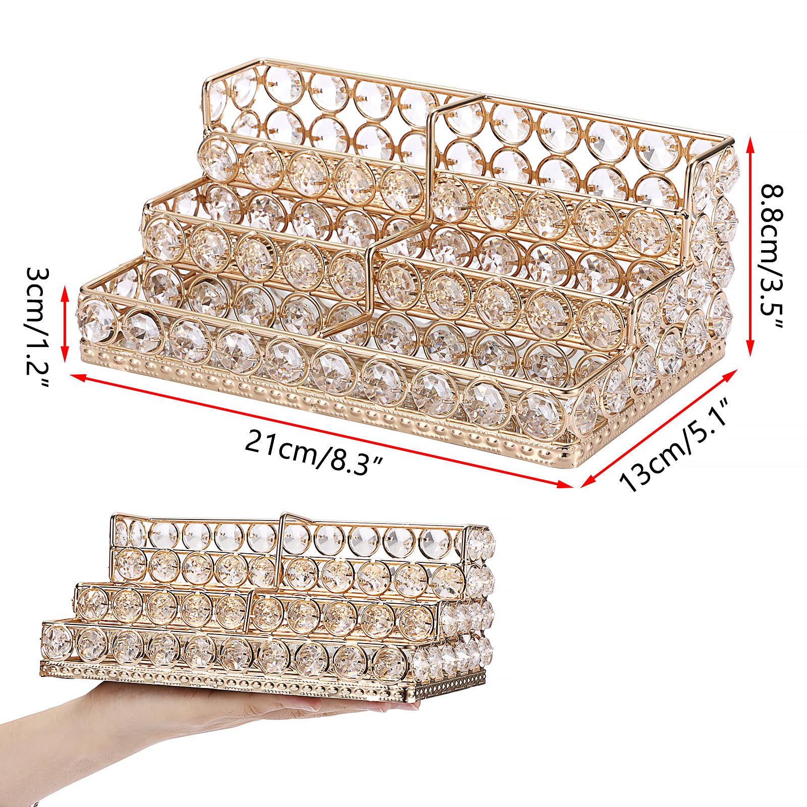 Hipiwe 3 Tiers Crystal Business Card Holder Gold Business Card Display Stand with 6 Slots Name Card