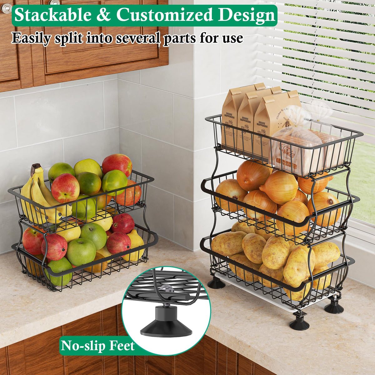 OKZEST 5 Tier Fruit Basket for Kitchen, Stackable Bins Wire Rack with Wheels, Fruit and Vegetable