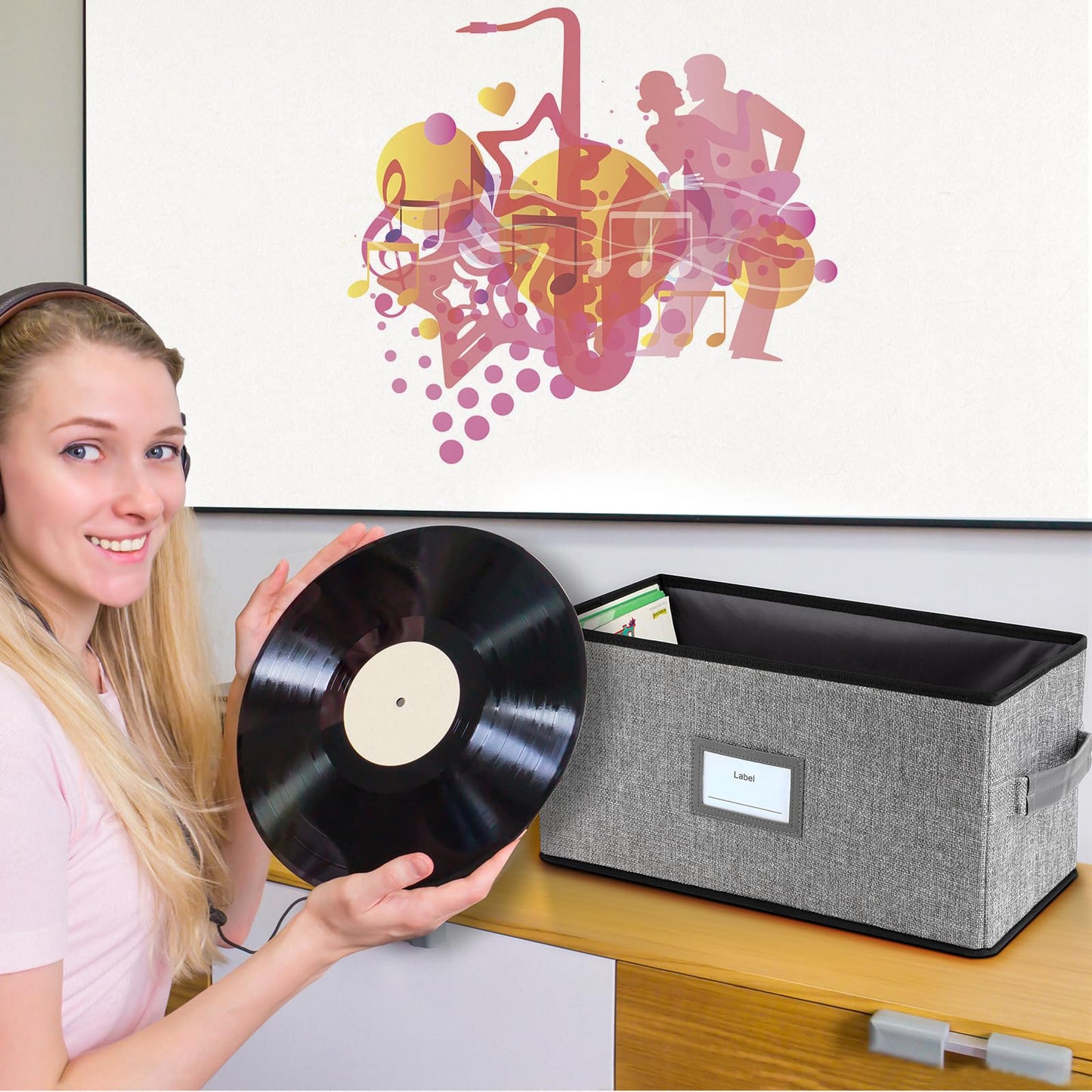 Lukeline 12-Inch Vinyl Record Storage Boxes with Lids and Handles, Stylish and Practical LP Record