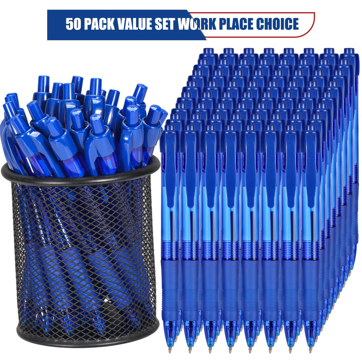 deegtran Pens Bulk, 50 Pack No Bleed Blue Ink Click Pens with Soft Grip, Wholesale Retractable