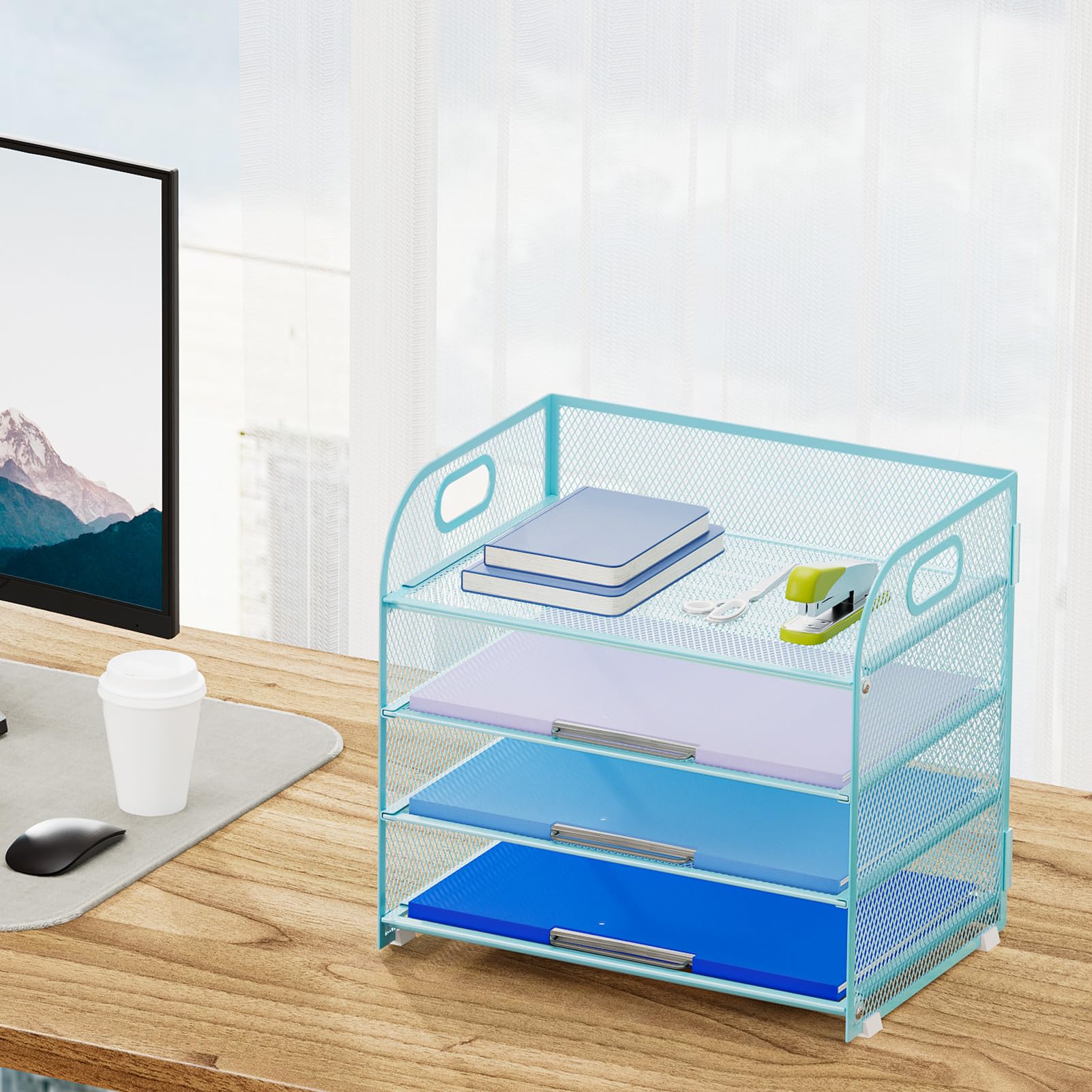 Marbrasse 4 Tier Paper Organizer Letter Tray - Mesh Desk File Organizer with Handle, Paper Sorter