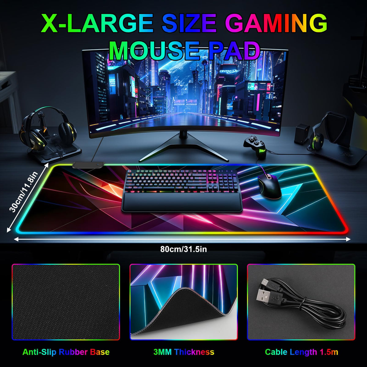 Mouse Pad 31.5 X 11.8 Inches RGB Mouse Mat with 13 Light Modes