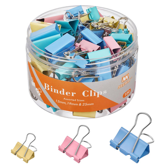 NEEWAY 100 Count Binder Clips Assorted Sizes, Paper Binder Clips (0.6inch 0.75inch 1inch), Metal