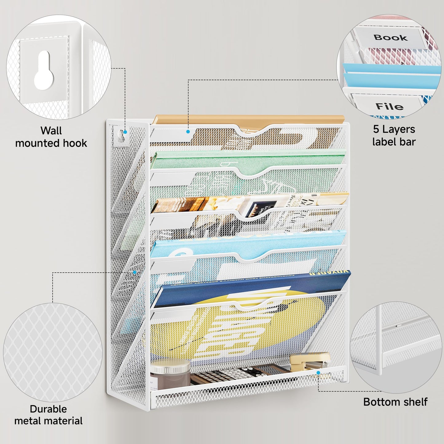 Lavatino 6-Tier Hanging File Organizer with Hooks – No Installation Needed, Wall-Mounted File &