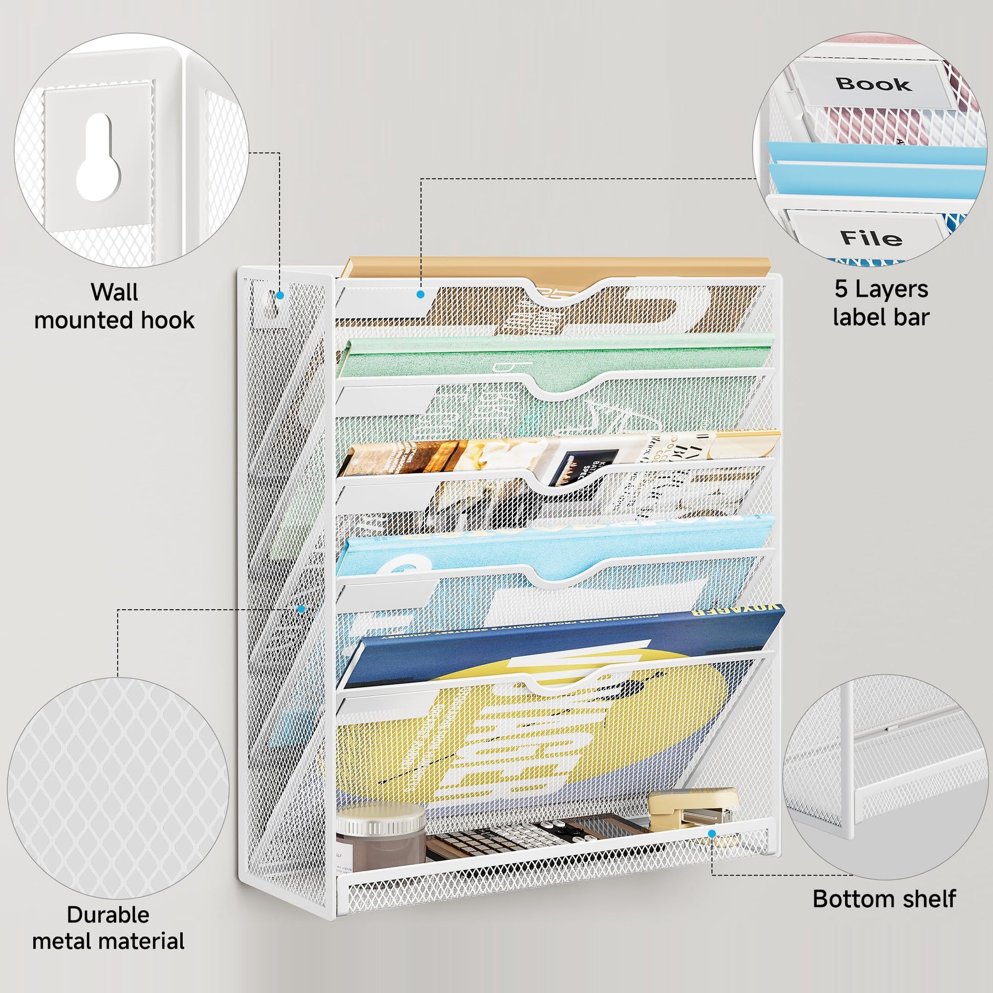 Lavatino 6-Tier Hanging File Organizer with Hooks – No Installation Needed, Wall-Mounted File &
