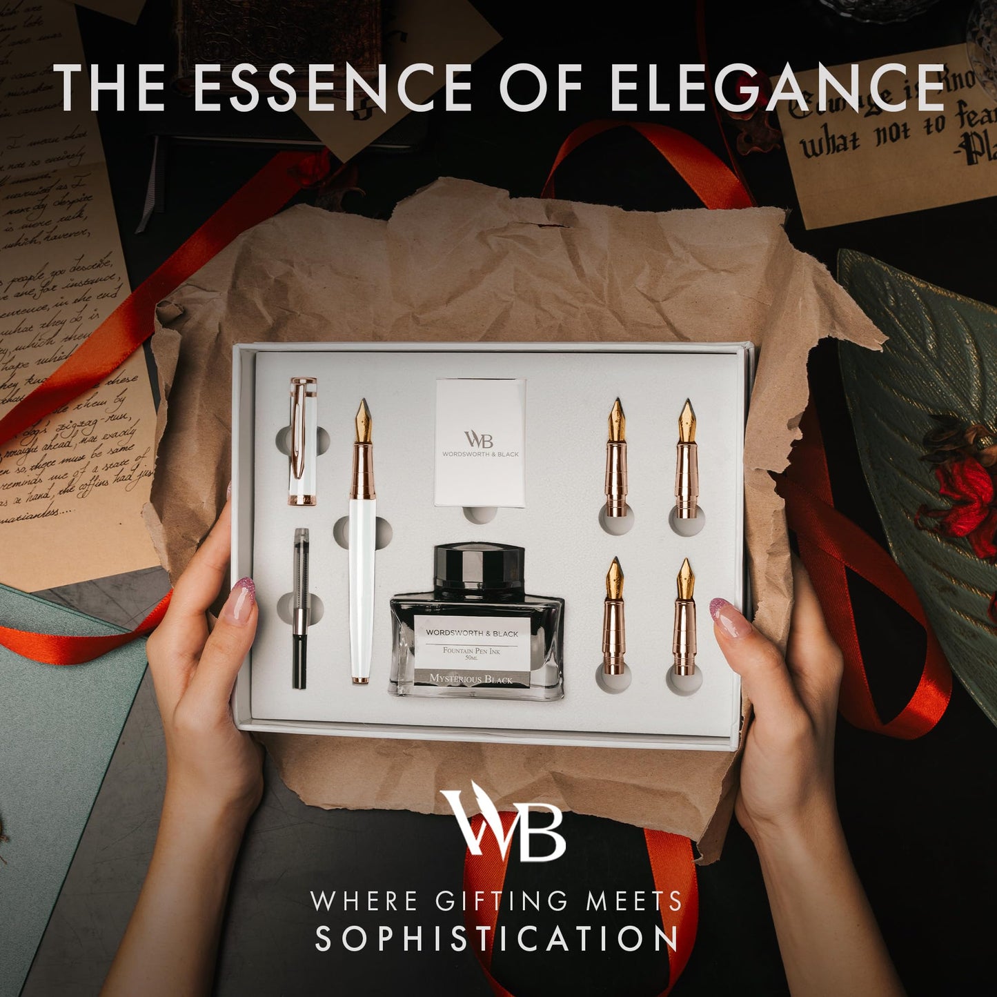 Wordsworth & Black Luxury Fountain Pen Set for Writing, 6 Nibs, White Rose