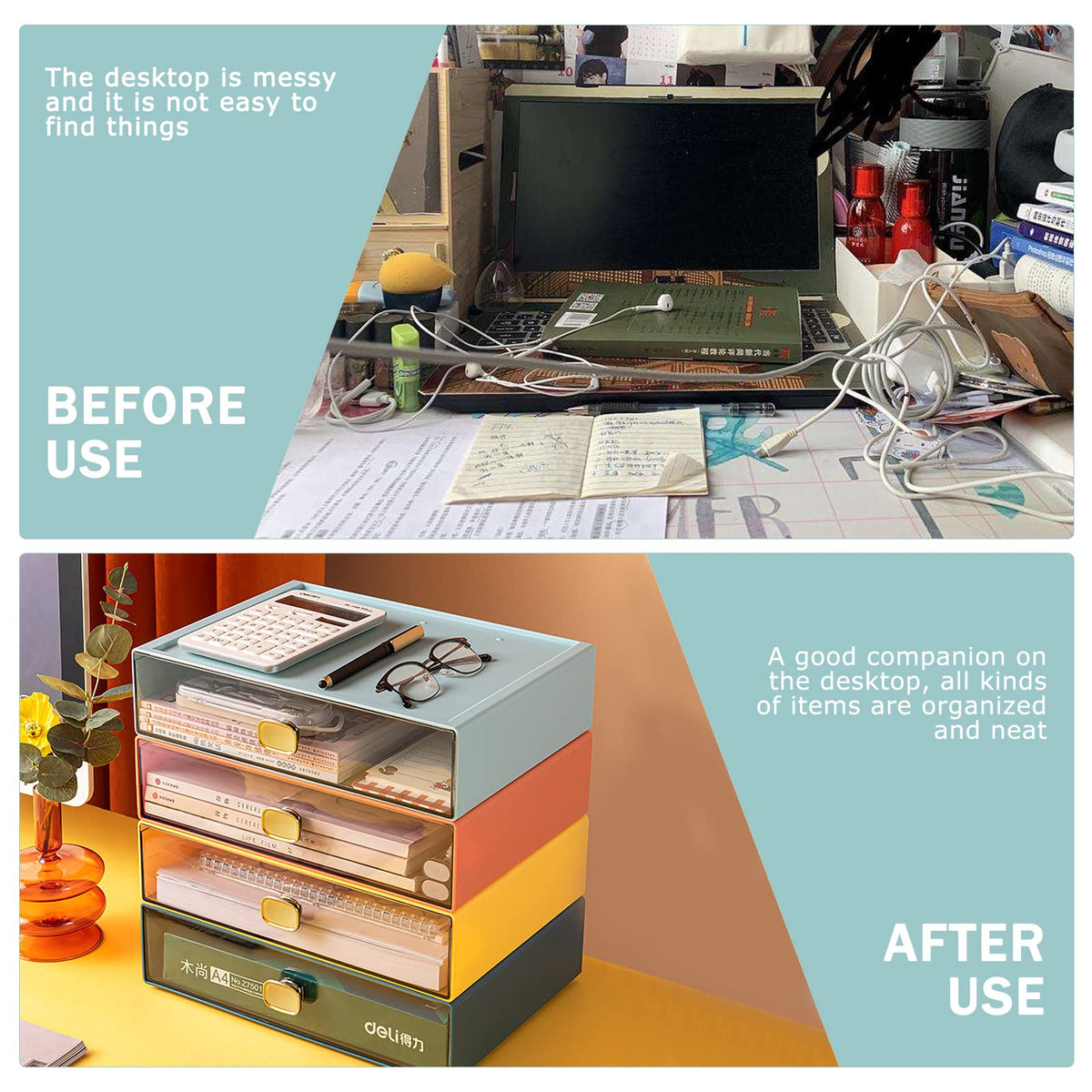 DETEIN 2 PACK Stackable Desk Organizer with Drawer Desktop Storage Drawer Box Plastic Desk
