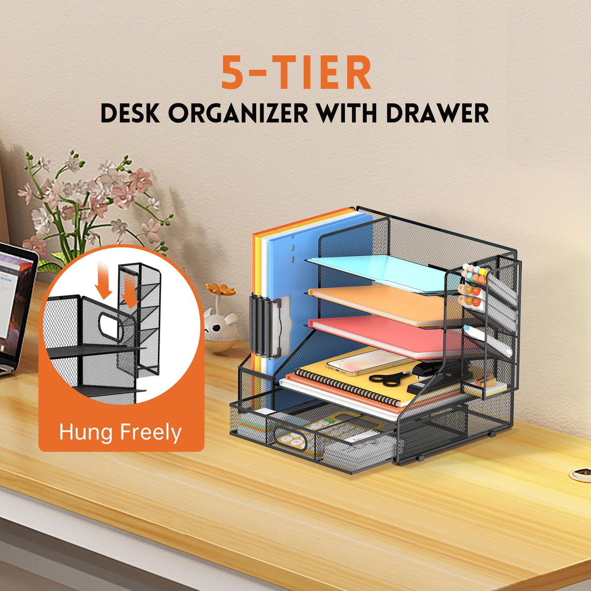 5-Tier Desk Organizer with File Holder & Pen Holder & Sliding Drawer, Black