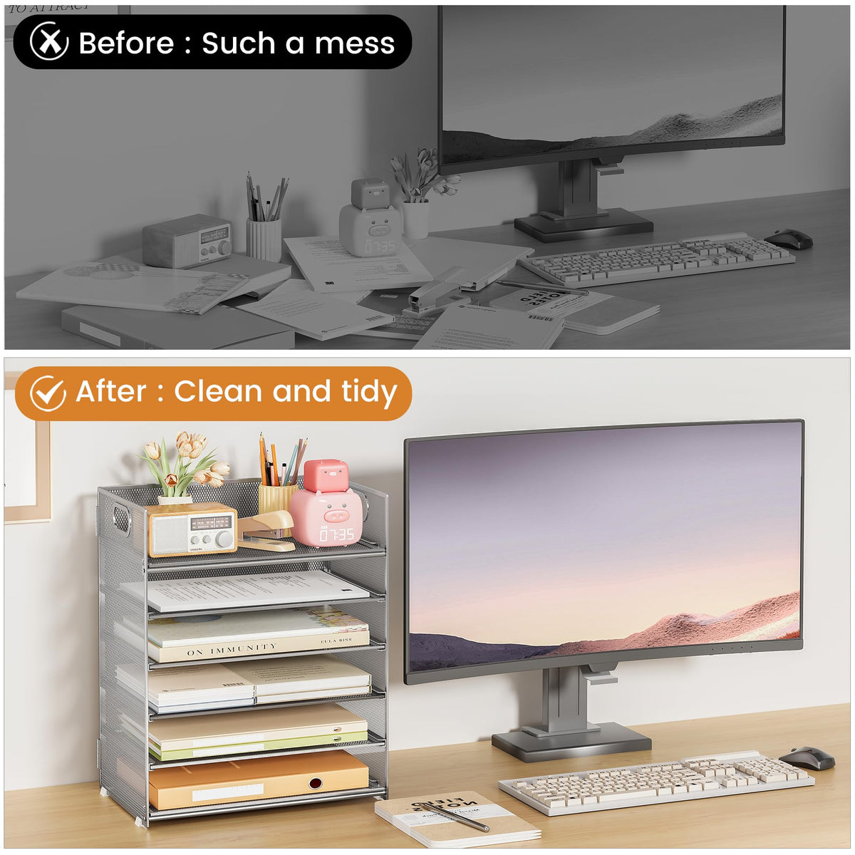 Subekyu 6 Tier Paper Organizer for Desk with Handle, Metal Mesh Desk Office File Folder Paper