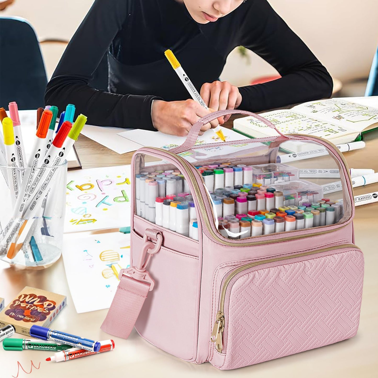 Rexmica Large Marker Organizer Case Storage Bag for 180 Marker Pens, Pink