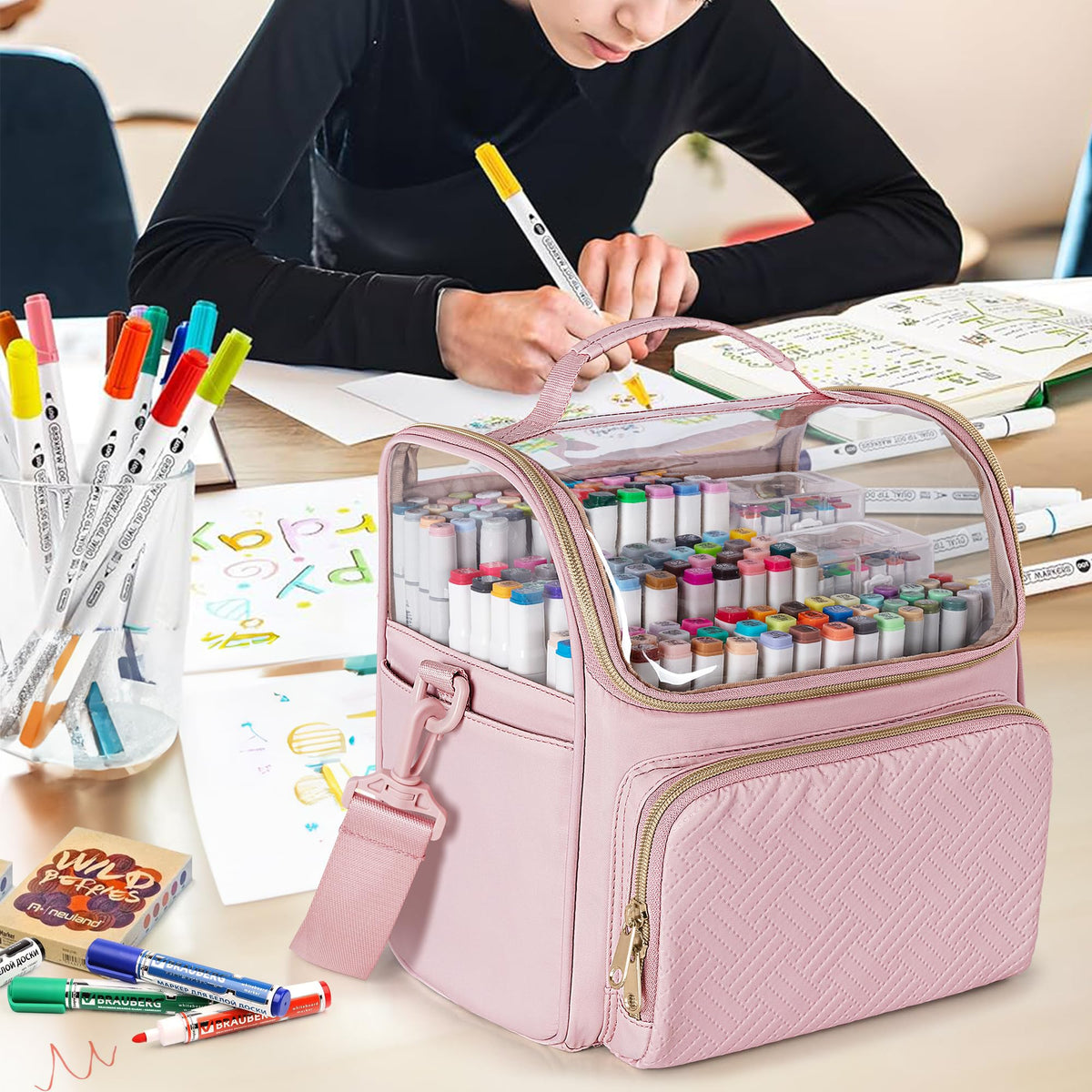 Rexmica Large Marker Organizer Case Storage Bag for 180 Marker Pens, Pink