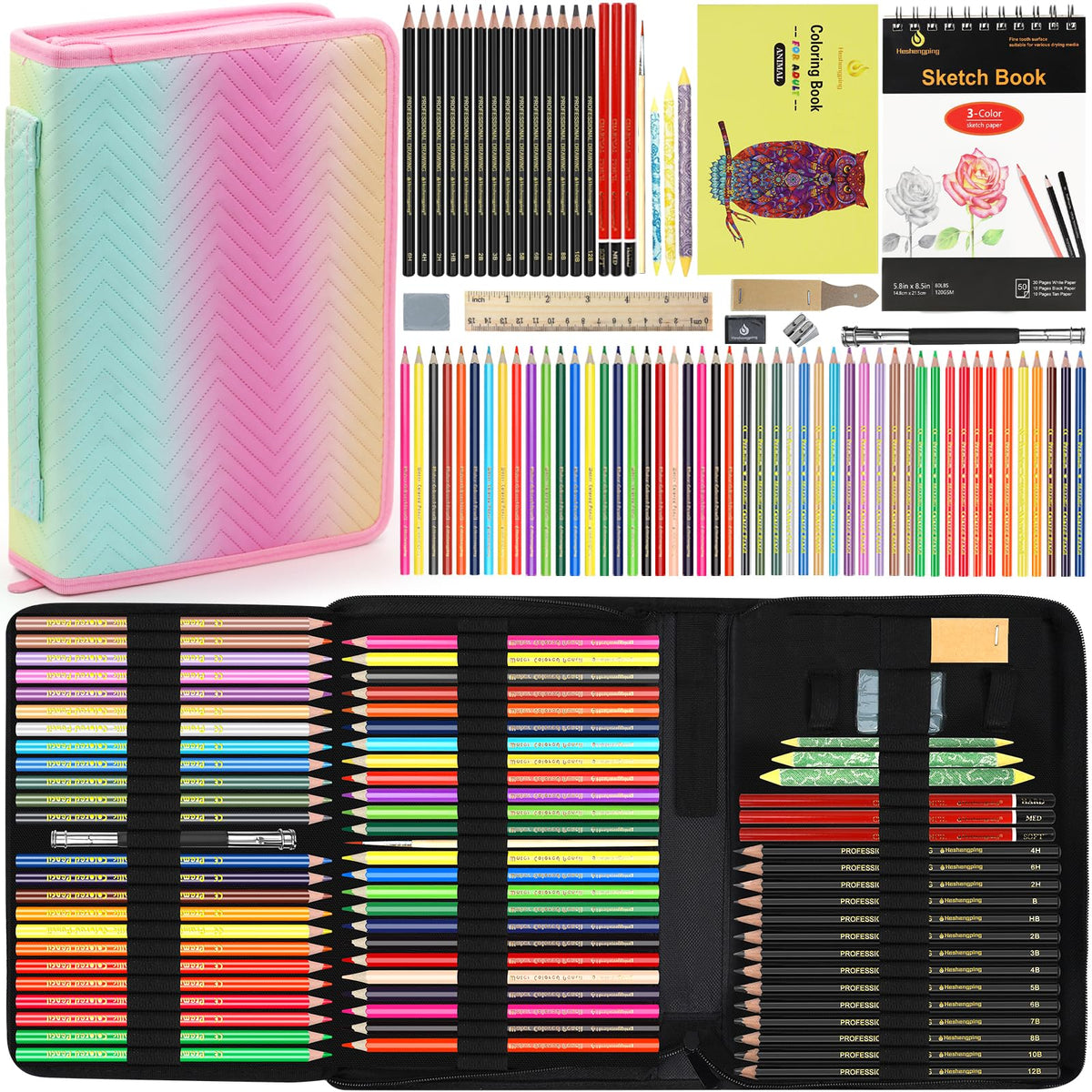 78pcs Drawing Kit Sketching Set Art Supplies with 3-Color Sketchbook Colorful Portable Case Colored