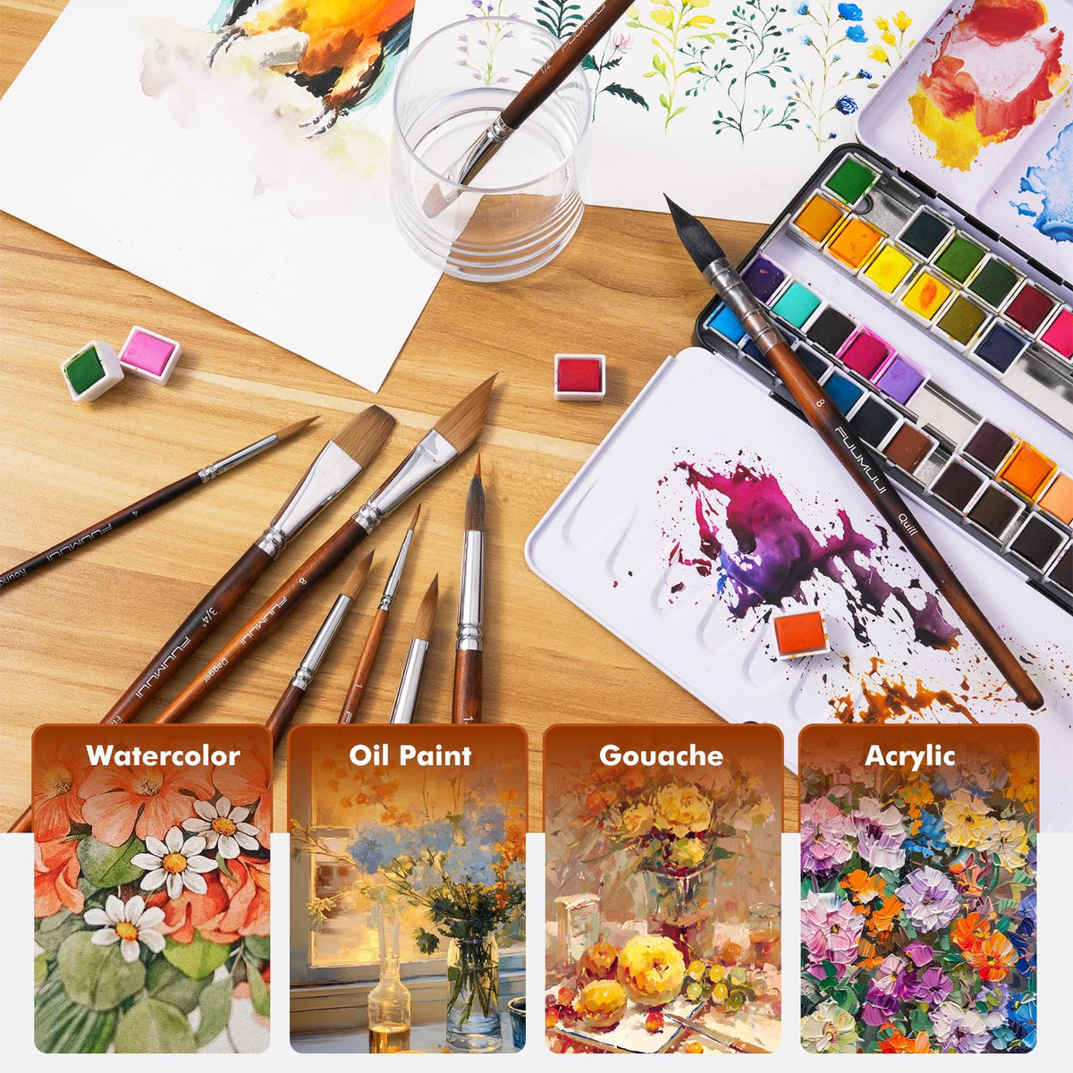 Watercolor Brushes Professional, Fuumuui 9pcs Sable Paint Brushes & Natural Squirrel Mop Brush Set