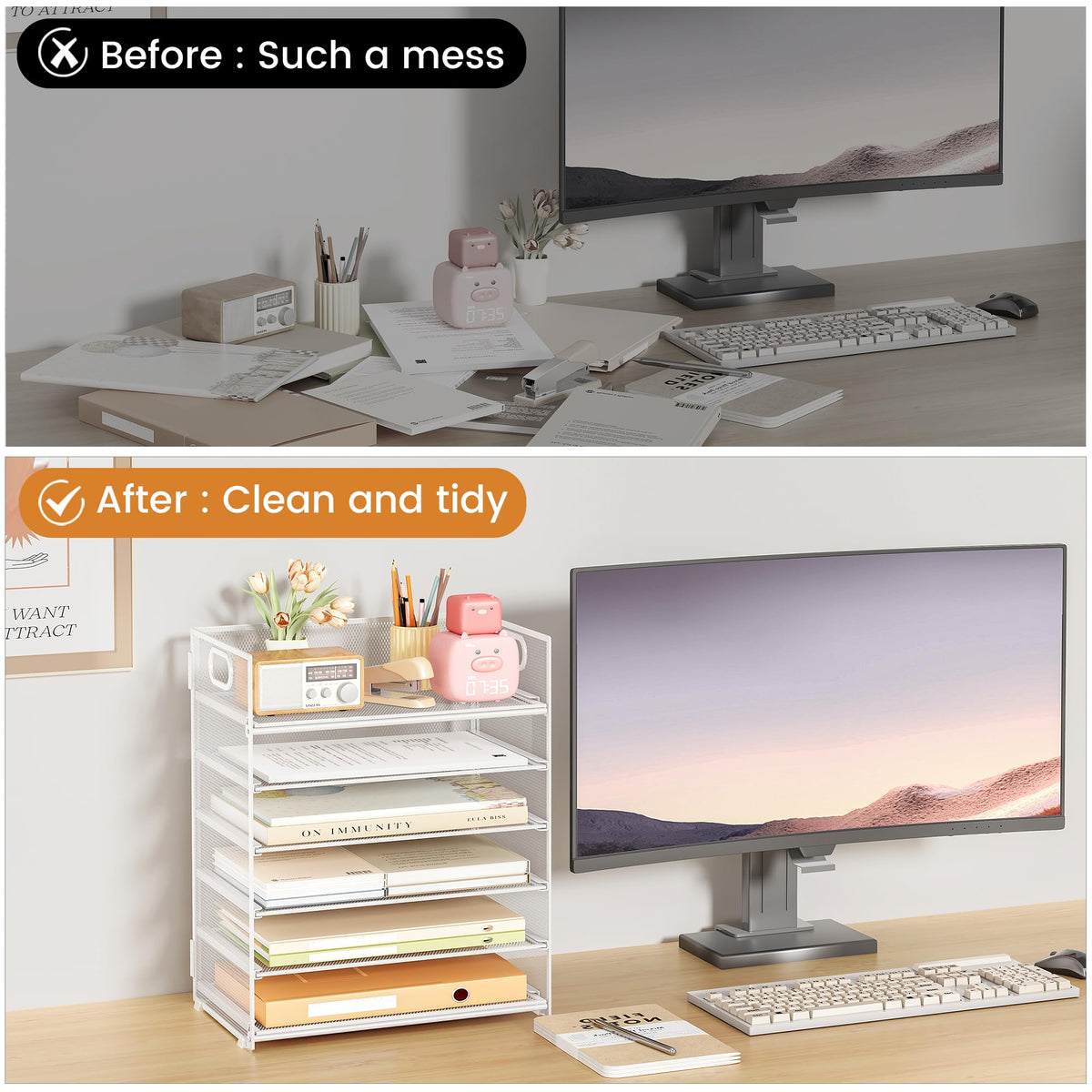 Subekyu 6-Tier Desk Paper Organizer, Desktop File Letter Tray with Handle, Document Sorter and
