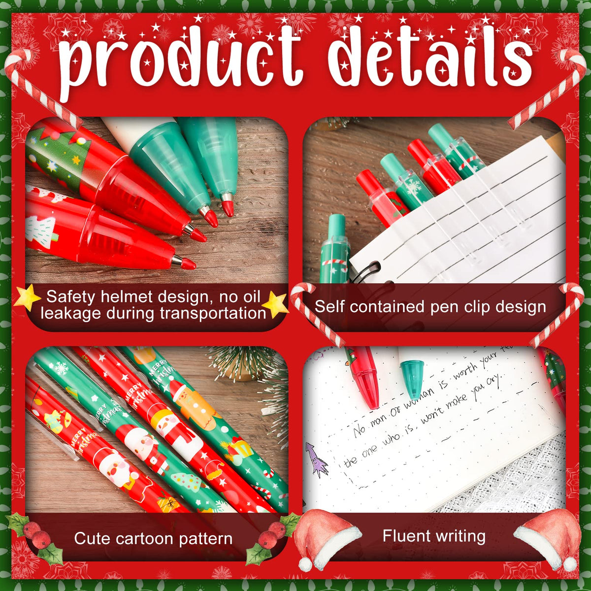 Leinuosen 72 Pcs Christmas Pens Bulk Cute Red Green Merry Christmas Retractable Ballpoint Gel Ink