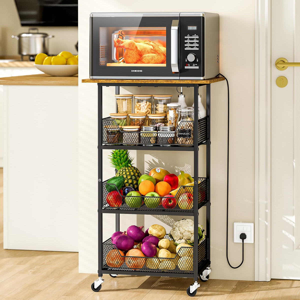 ThreeHio Rolling Kitchen Microwave Cart with Fruit Baskets, 4 Tier Microwave Table Stand with
