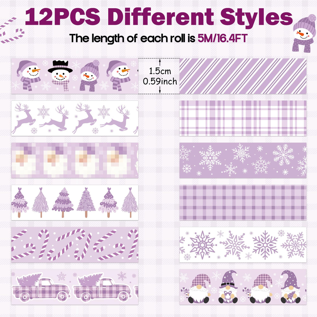 BkeeCten Purple Christmas Washi Tape - 12 Rolls Elegant Santa Reindeer Snowflake Watercolor Double