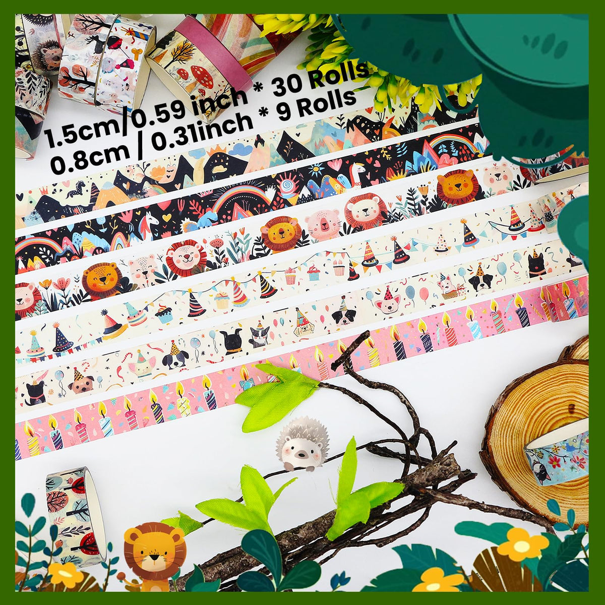 Washi Tape Set 39 Rolls - Cute Animal Colored Decorative Adhesive Tape for Kids, Masking Tape for