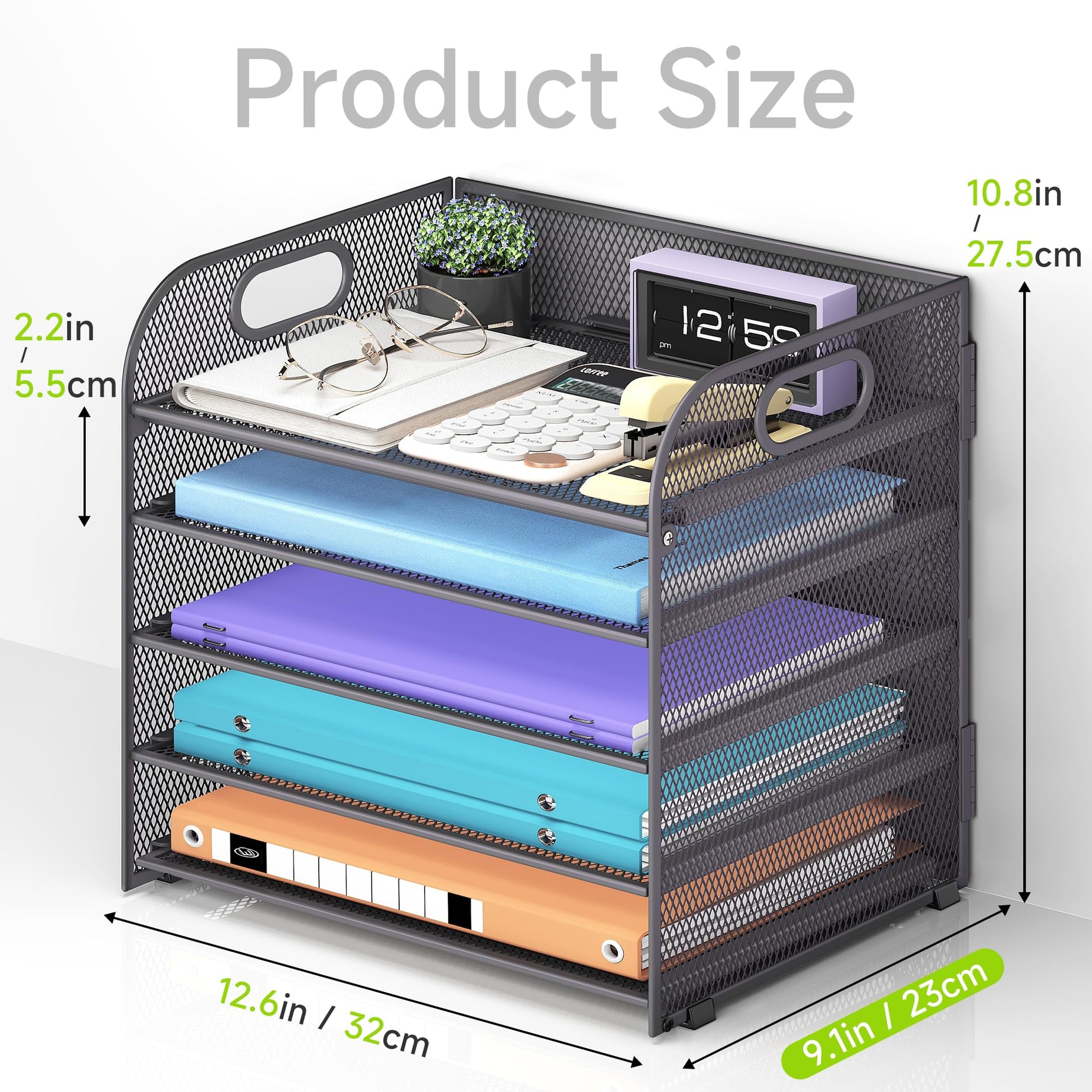 Cawukege 5 Tier Paper Organizer with Handle, Grey Metal Mesh Desk Organizer File Folder Paper