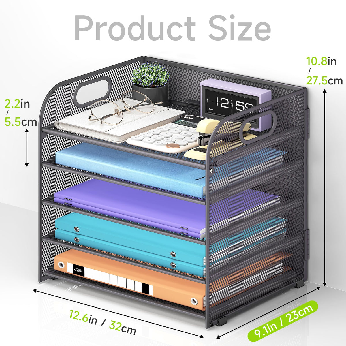 Cawukege 2 Pack 5 Tier Paper Organizer, Letter Tray with Handle, Mesh Desk Organizer, Metal File