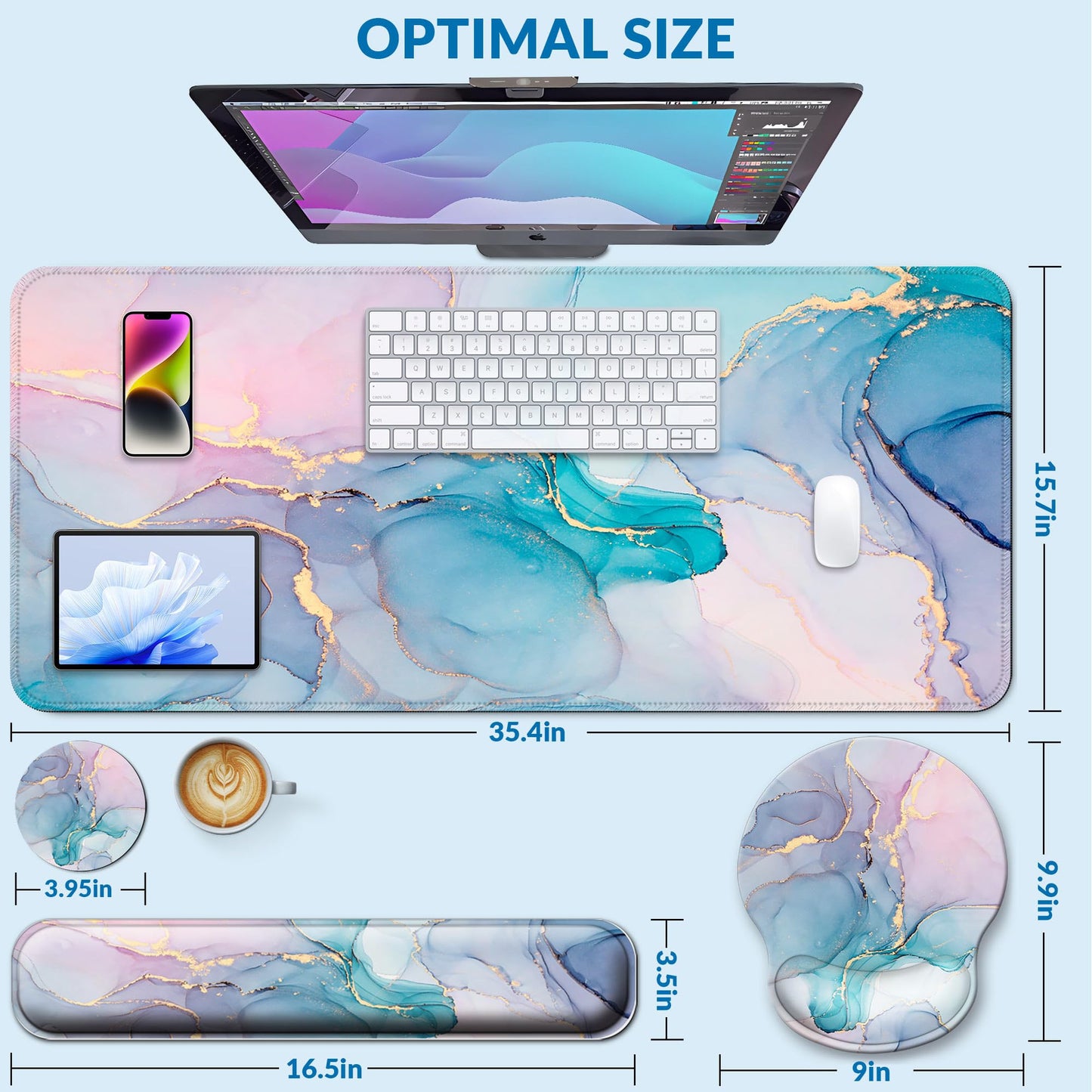 VINEBURY Desk Mat Set Keyboard and Mouse Pad with Wrist Rest Support
