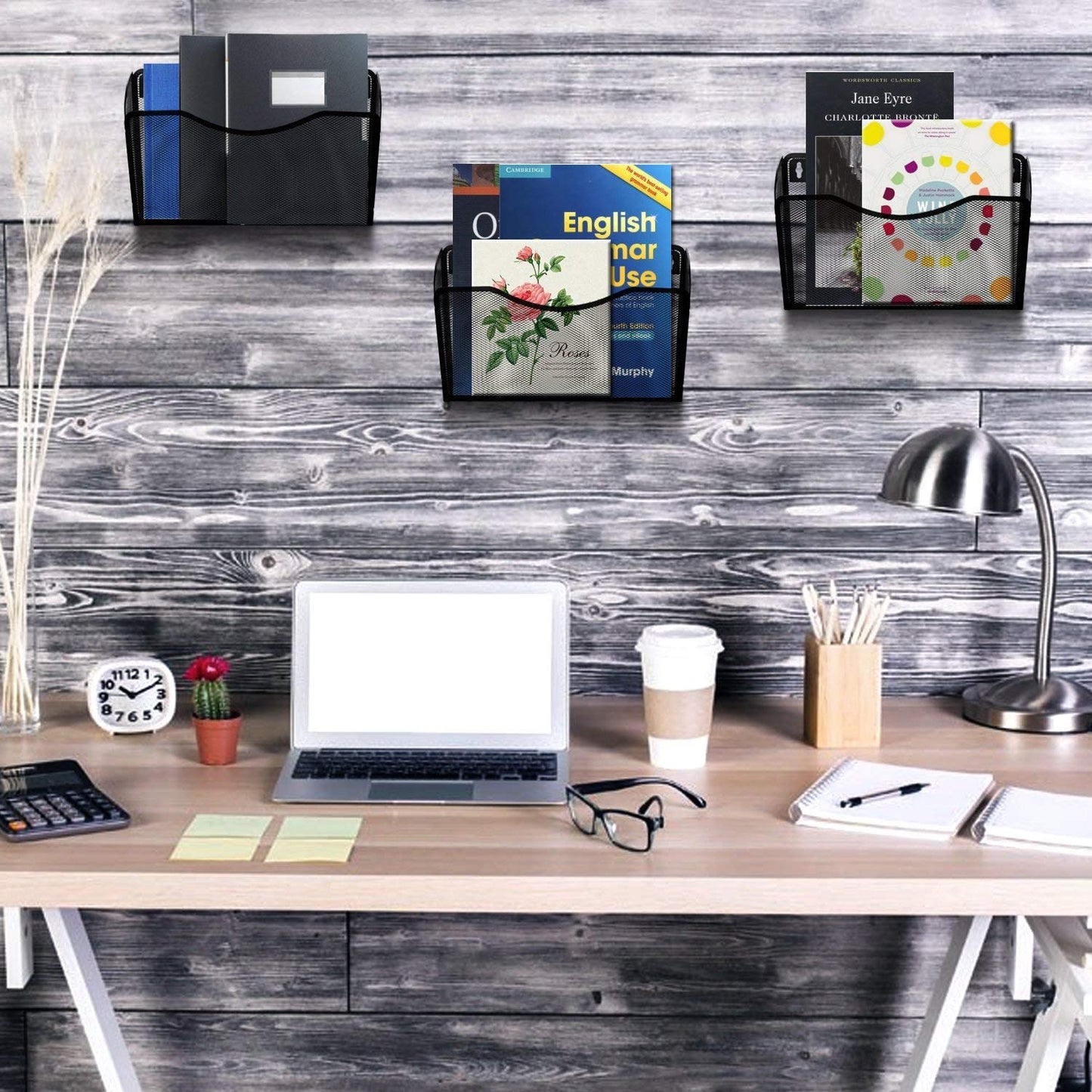 3 Pocket Wall Mount File Hanging Organizer, Metal Mesh Office Home Folder Binder Holder Magazine