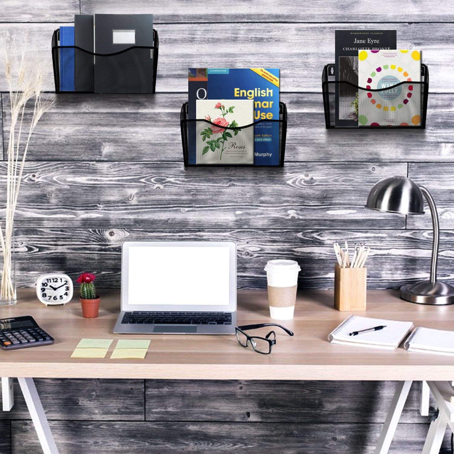 3 Pocket Wall Mount File Hanging Organizer, Metal Mesh Office Home Folder Binder Holder Magazine