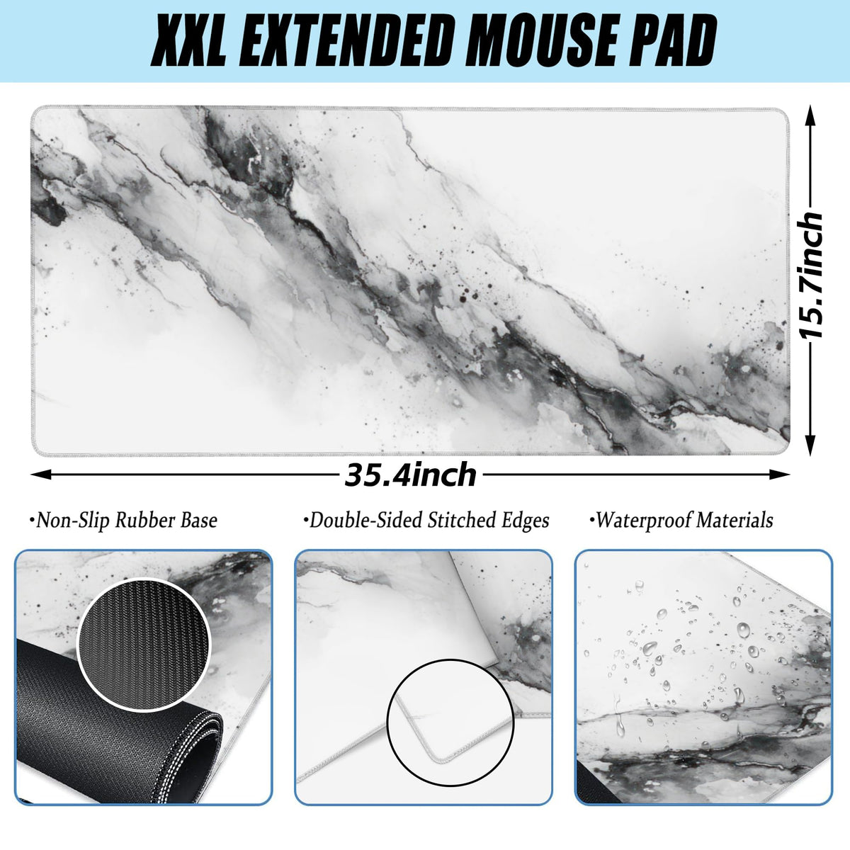 XXL Mouse Pad, White Black Marble Texture Large Desk Mat for Desktop, Extended Large Gaming Mouse