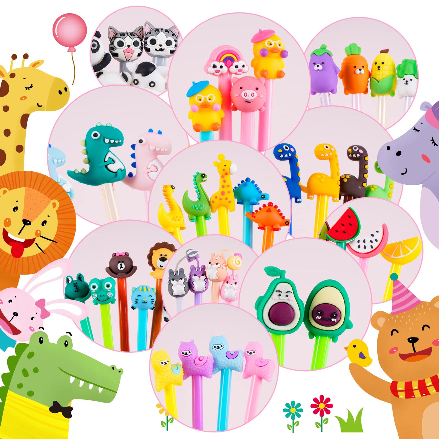 SAIWEILAI ONLINE 100 Pieces Kawaii Pens Cartoon Fun Pens Cute Animal Dinosaur Pen Black Gel Ink
