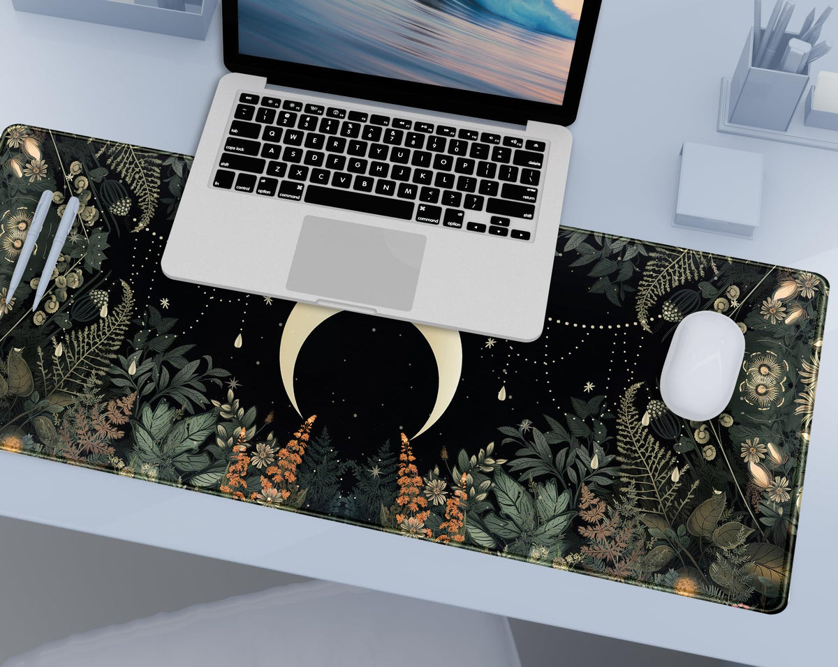 Cute Green Forest Leaves Desk Mat Whimsical Moon Mousepad XL Large Extended Gaming Mouse Pad with