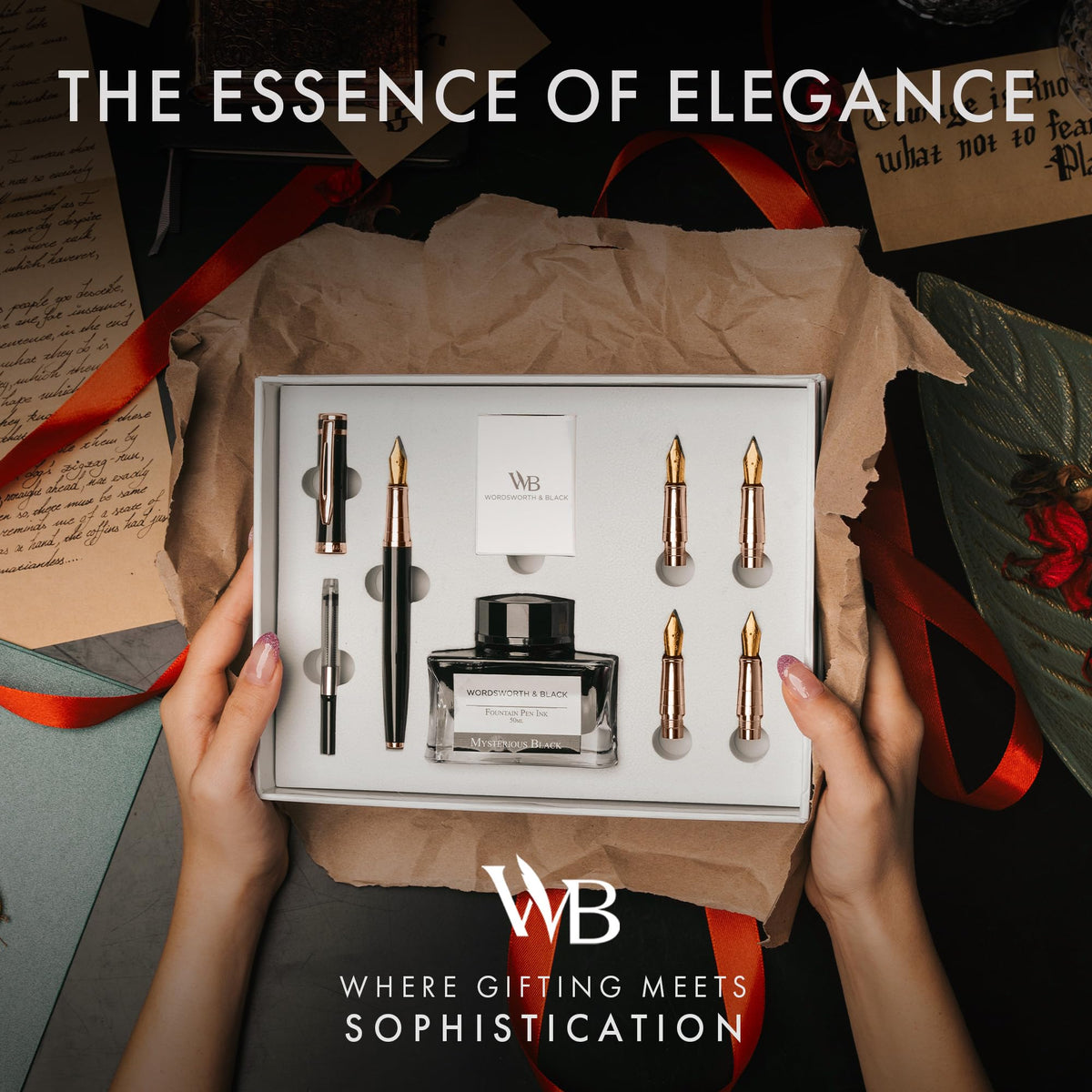 Wordsworth & Black Luxury Fountain Pen Set for Writing, 6 Nibs, Black Rose