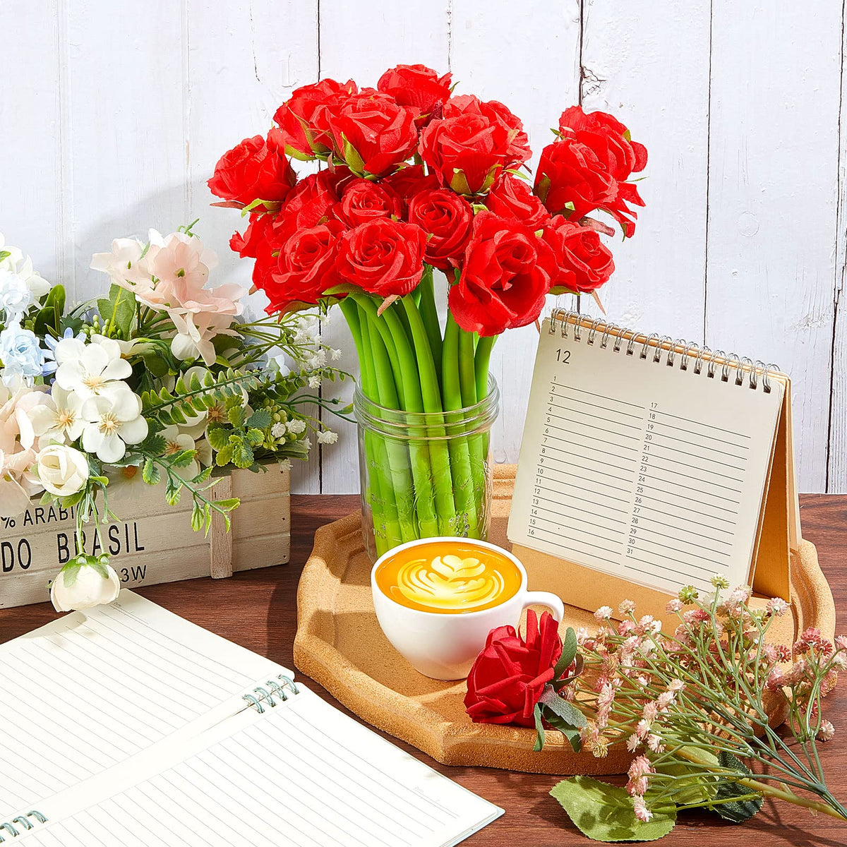 Gueevin 48 Pcs Flower Pens Artificial Rose Pens Bulk Mothers Day Rose Shaped Ballpoint Pen Black